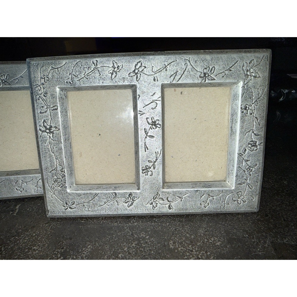 2 Vintage 1999 Burnes of Boston Peweter Frame Floral Fits Two Photos 2.5" x 3.5" - Picture 1 of 8